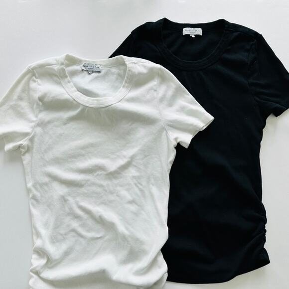 Michael Stars 2pc Ribbed Ruched Short Sleeve Tee Shirt Top Large Black White - Picture 1 of 5